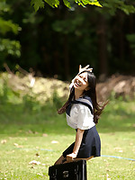 Tomoe Asian babe in uniform is happy in her way to school classes